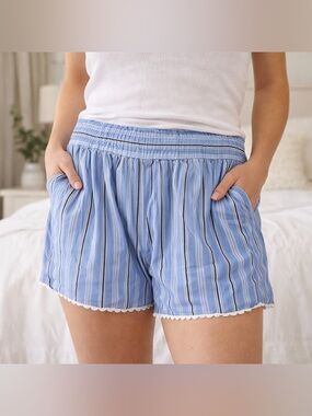 A New Day Blue Striped Cotton Pajama Shorts XL Elastic Waist